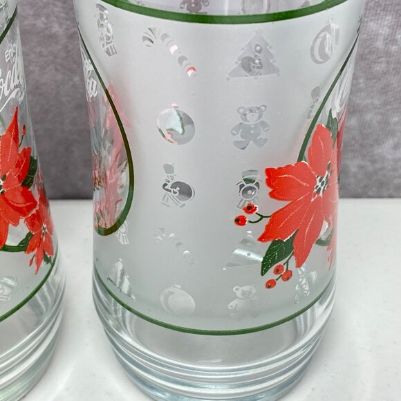 Vintage Coca-Cola Poinsettia Frosted Holiday Christmas Glass Tumblers Set Of 2 - Picture 3 of 9